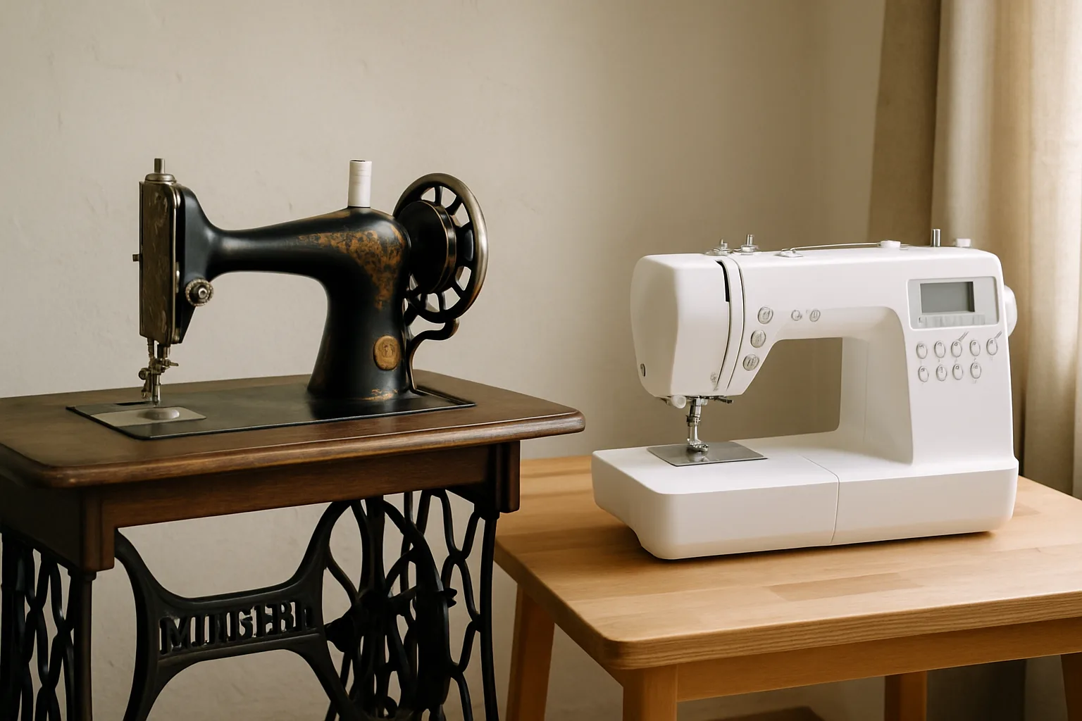 Illustration de l'histoire de la machine à coudre, des modèles anciens aux machines modernes