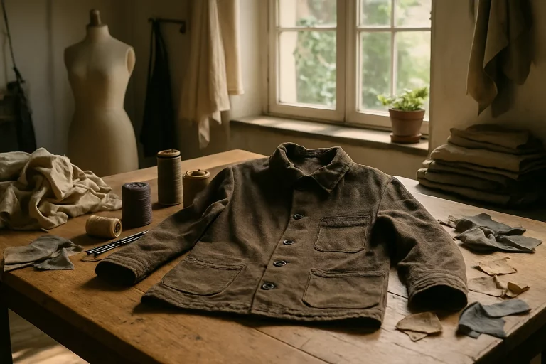 Atelier illustrant l'histoire du vêtement de travail à travers un uniforme ancien posé sur une table de couture.