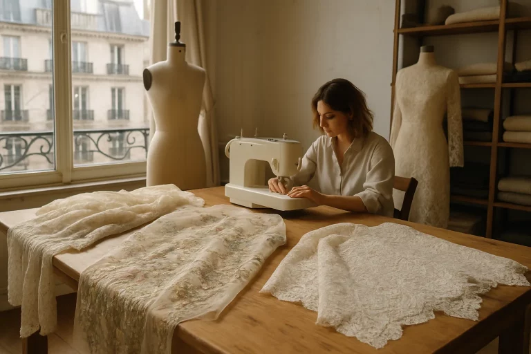 Atelier illustrant les savoir-faire artisanaux haute couture à travers des tissus brodés et dentelés.