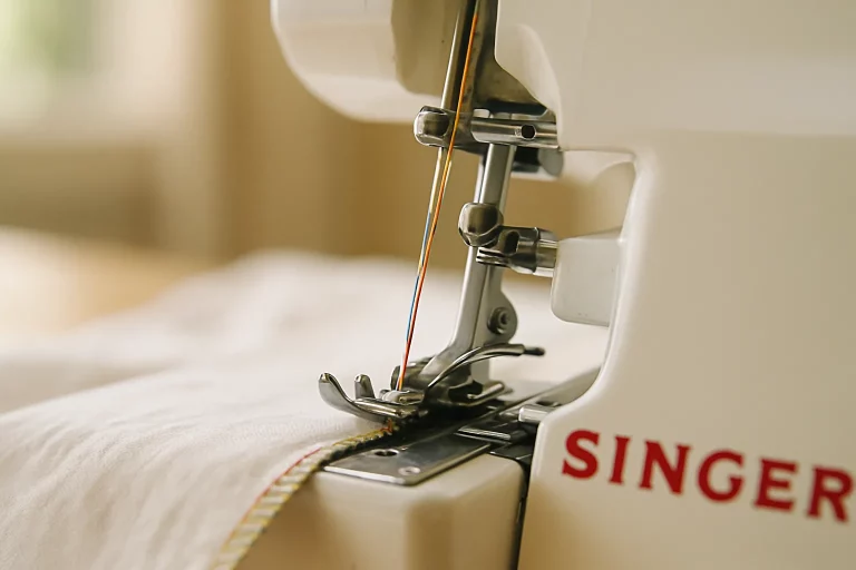 Mains guidant un tissu pour utiliser une surjeteuse Singer en couture débutante