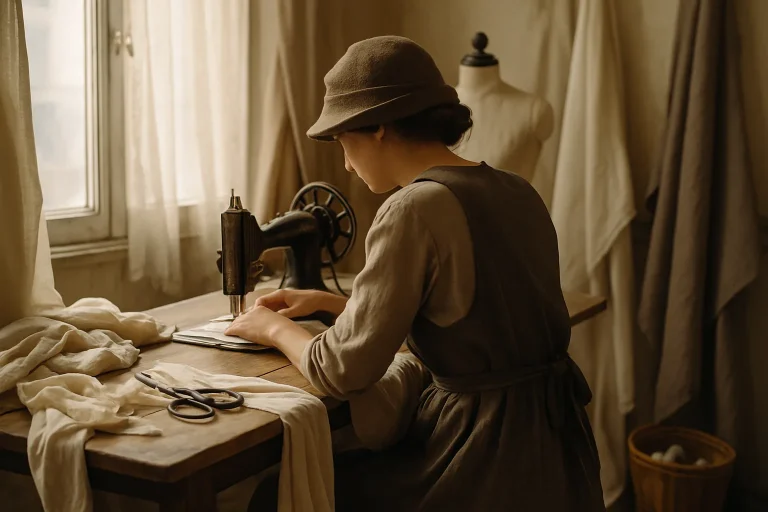 Ambiance d'un atelier de couture parisien des annees 1920, machine a coudre et tissus d'epoque