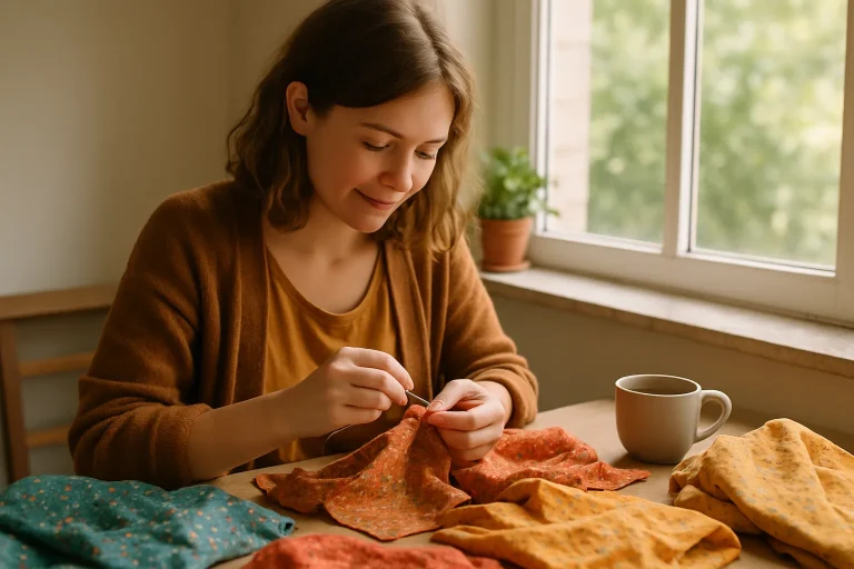 Femme pratiquant la couture et le bien-être dans un intérieur cosy et lumineux