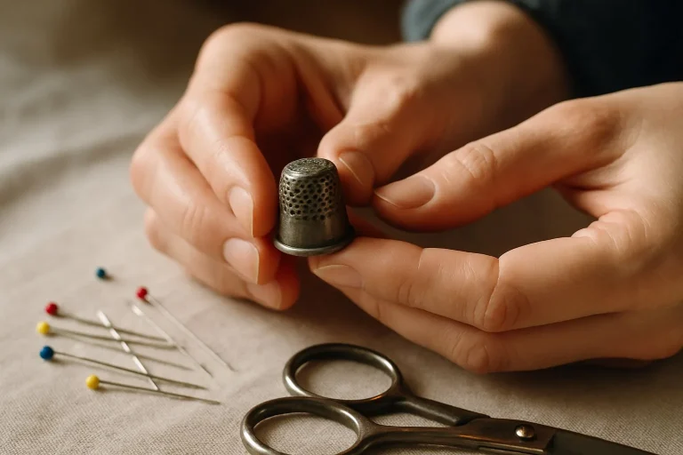 Mains tenant un dé à coudre en métal ancien, posé près d'épingles et de ciseaux sur un tissu de couture.
