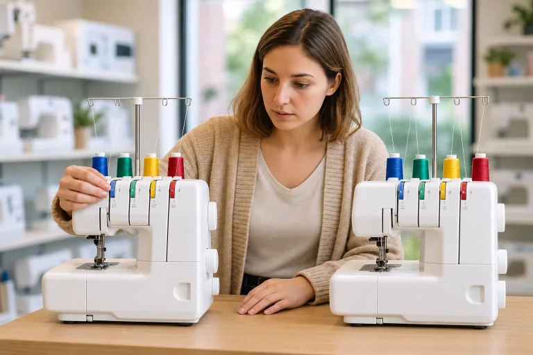 Mains utilisant une surjeteuse pour surfiler le bord d'un tissu en jersey
