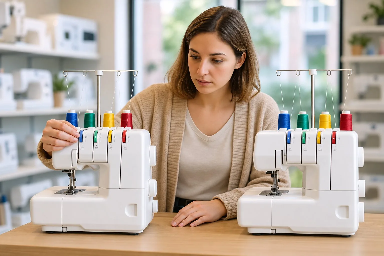 Mains utilisant une surjeteuse pour surfiler le bord d'un tissu en jersey