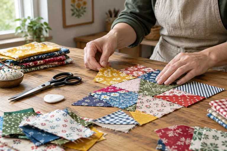Des chutes de tissu de différentes couleurs assemblées à la main pour former un patchwork sur une table de couture.