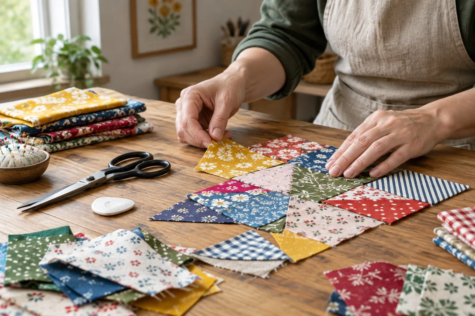 Des chutes de tissu de différentes couleurs assemblées à la main pour former un patchwork sur une table de couture.