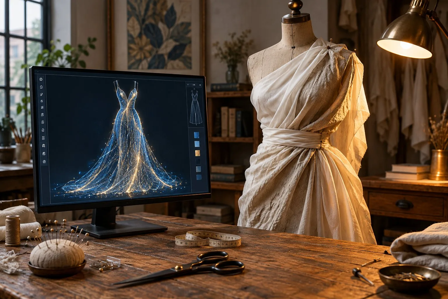 Mains ajustant un tissu épinglé sur un buste de couture dans un atelier de couture.