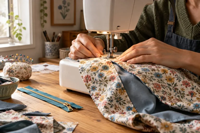 Mains cousant à la machine le tissu d'une trousse à couture avec une fermeture éclair posée à proximité.