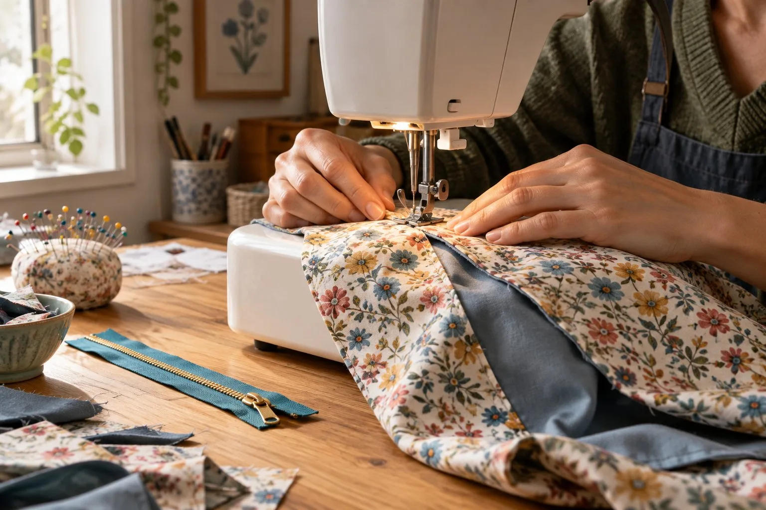 Mains cousant à la machine le tissu d'une trousse à couture avec une fermeture éclair posée à proximité.