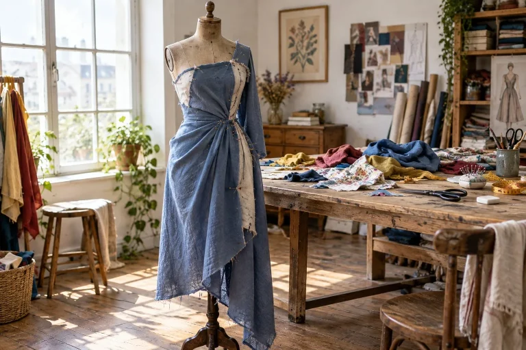 Mains en train de coudre l'assemblage d'une robe en tissu clair sur une machine à coudre.
