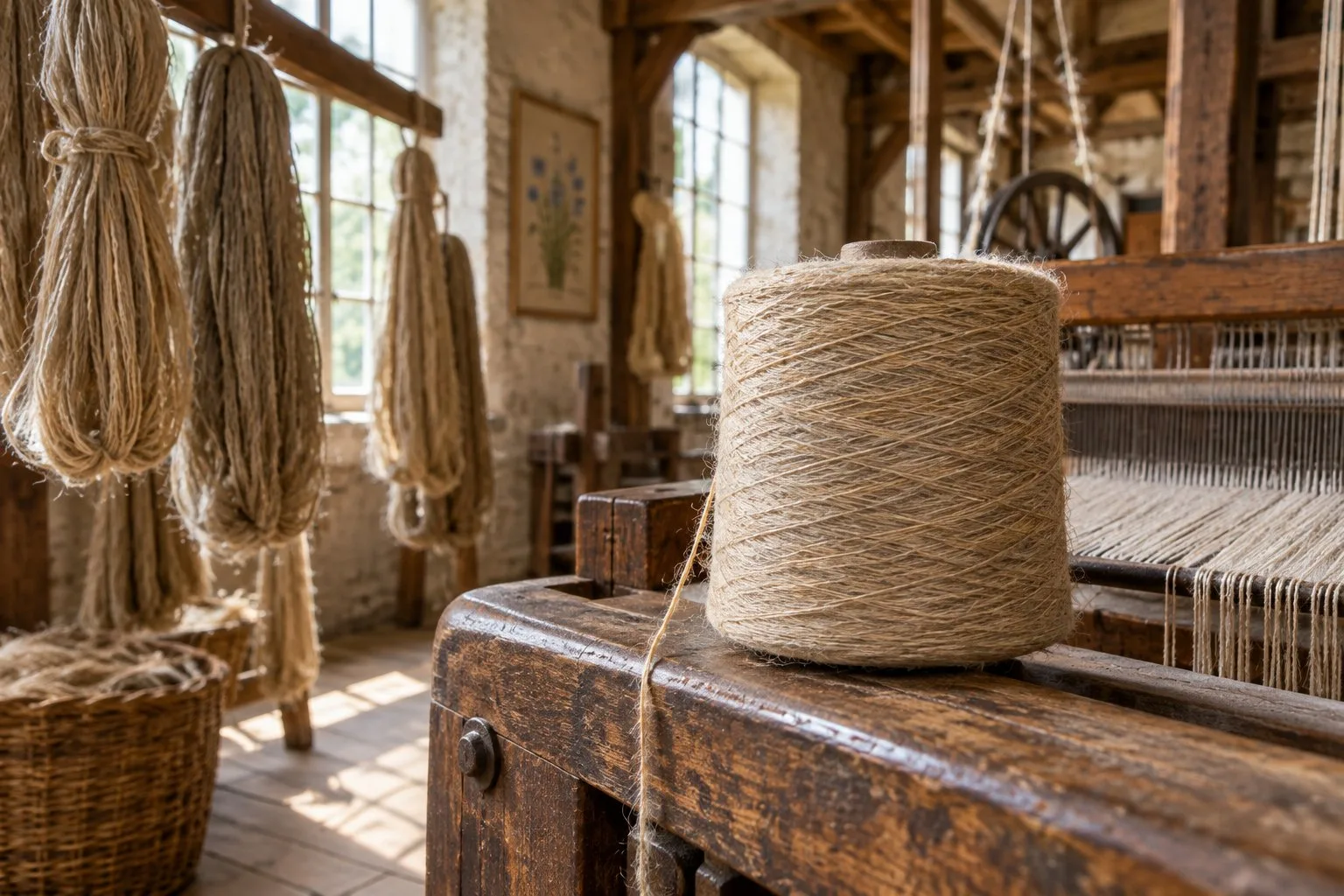 Mains en train de découper un tissu en lin naturel sur une table de couture, avec des ciseaux et une craie tailleur à proximité.