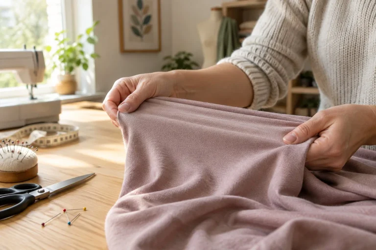Mains étirant délicatement un tissu de jersey pour montrer l'élasticité de ses mailles sur une table de couture.