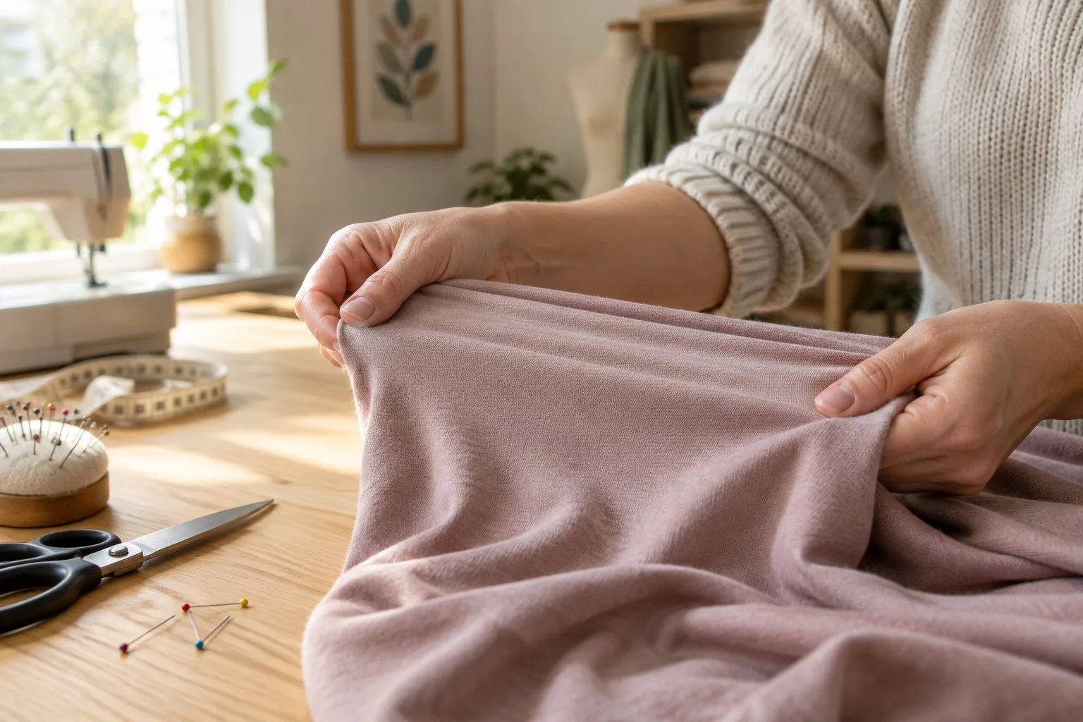 Mains étirant délicatement un tissu de jersey pour montrer l'élasticité de ses mailles sur une table de couture.