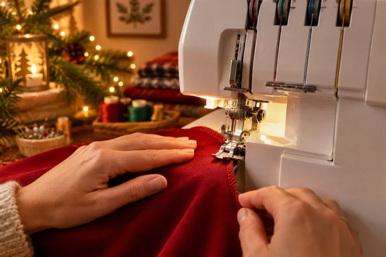 Mains guidant un tissu sous le pied d'une surjeteuse dans un atelier de couture.