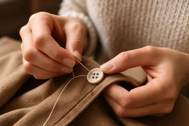 Mains recousant un bouton, illustration du bonus réparation textile vêtements