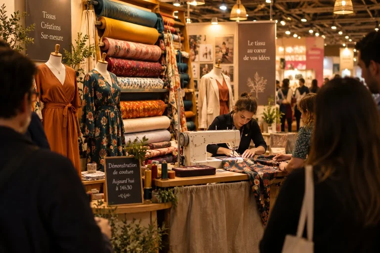 Surjeteuse entourée de bobines de fil colorées sur une table d'atelier de couture.